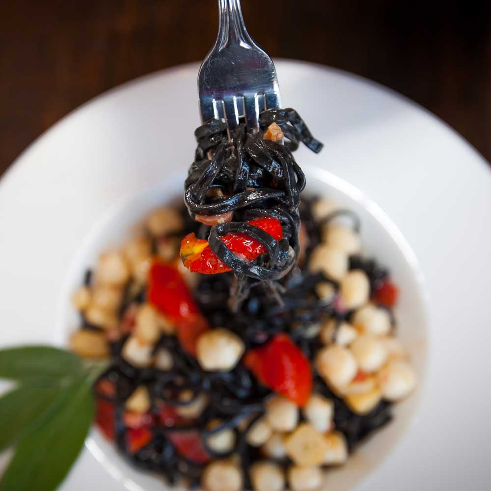 black squid ink pasta with seafood